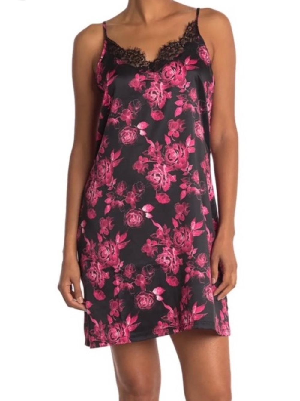 Catherine Malandrino Floral Lace Trim Satin Chemise - Black & Pink roses size M